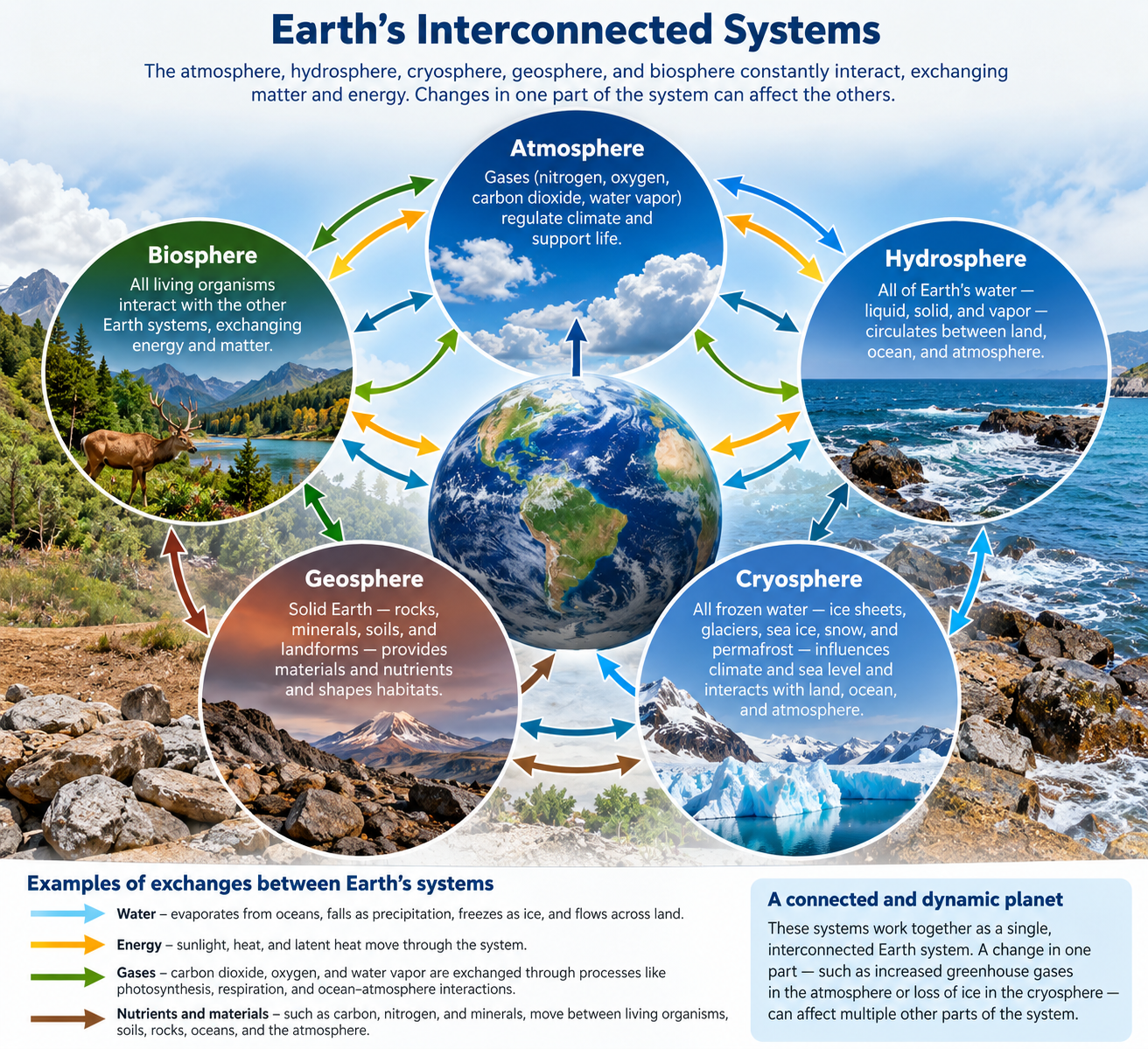Diagram showing the atmosphere, hydrosphere, cryosphere, geosphere, and biosphere as interconnected Earth systems exchanging water, energy, gases, nutrients, and materials.