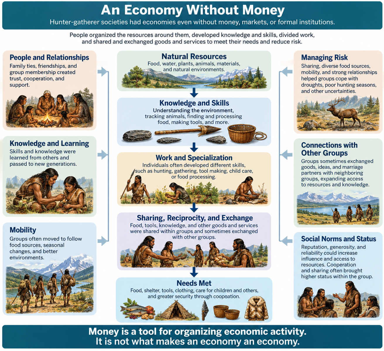 Infographic showing how hunter-gatherer economies organized natural resources, knowledge and skills, work and specialization, sharing and exchange, mobility, social relationships, and risk management without money.
