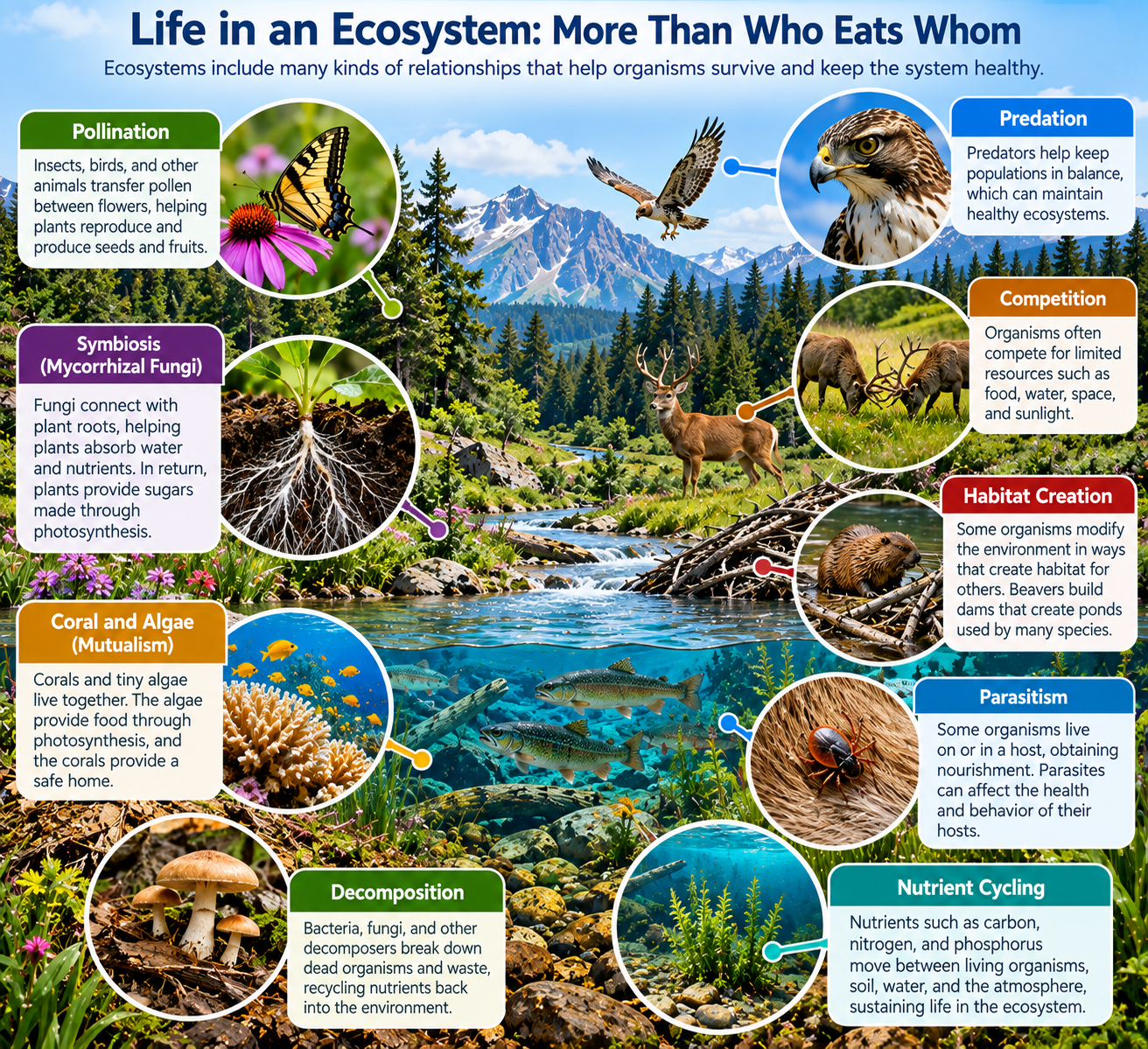 Infographic showing different ecological relationships, including pollination, symbiosis, mutualism, predation, competition, habitat creation, parasitism, decomposition, and nutrient cycling.