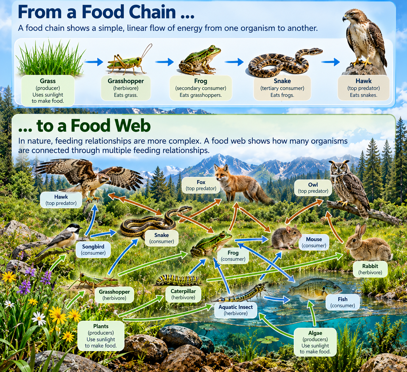 Infographic comparing a simple food chain with a more complex food web containing plants, insects, fish, amphibians, birds, mammals, and predators connected through multiple feeding relationships.
