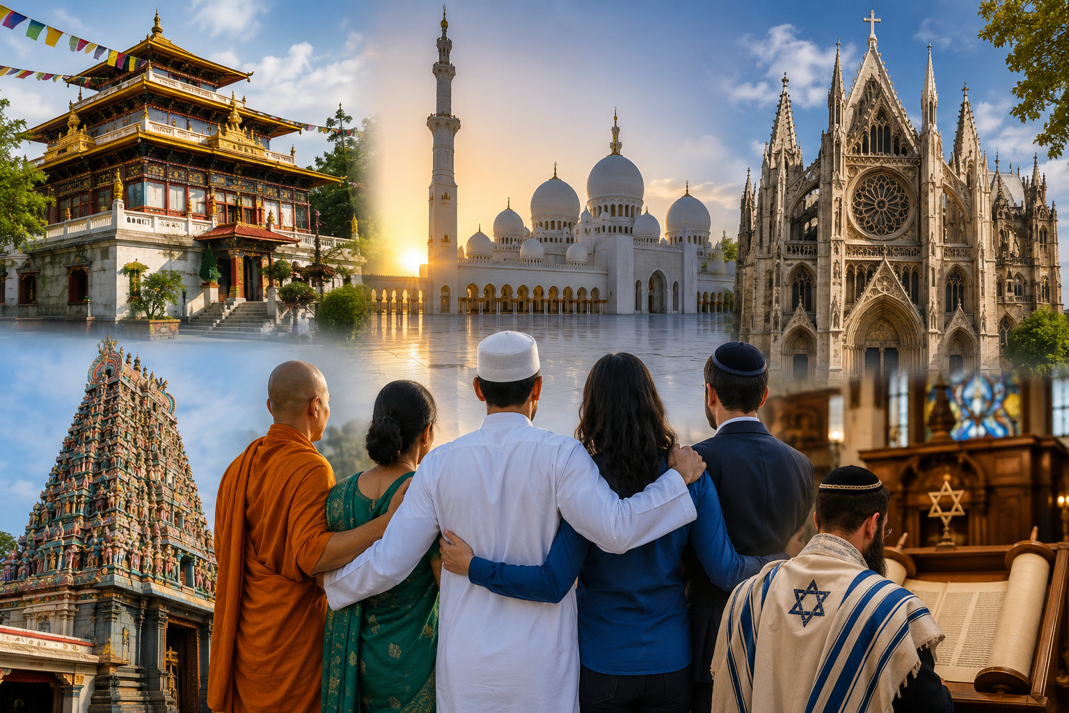 A visual collage representing religious diversity around the world