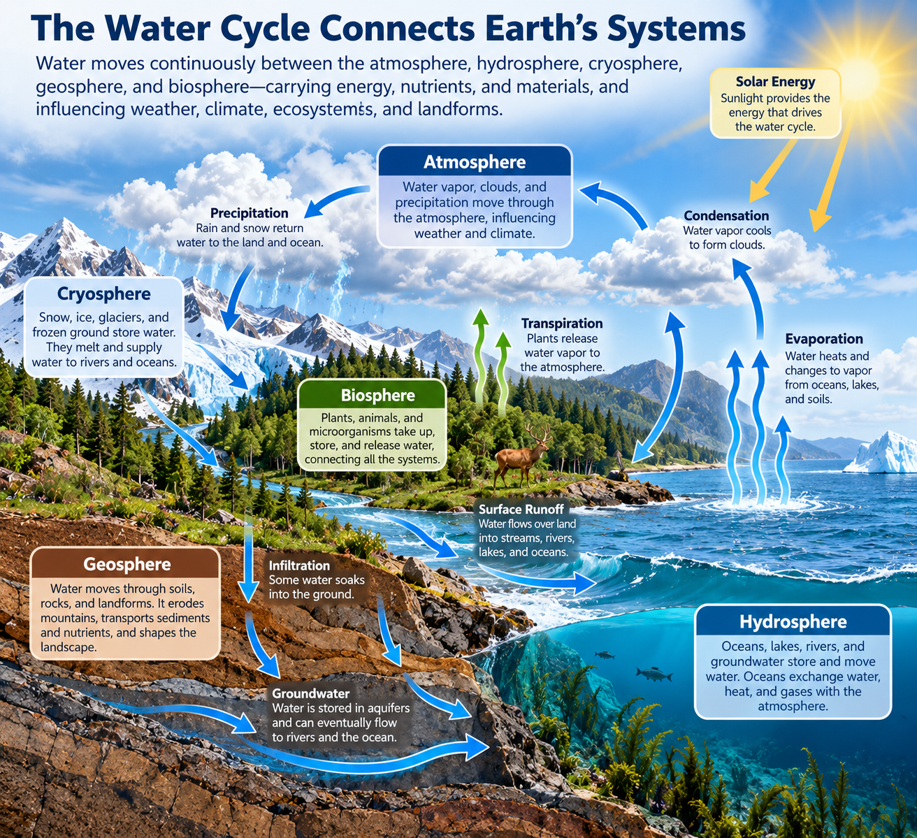 Diagram showing how water moves among the atmosphere, hydrosphere, cryosphere, geosphere, and biosphere through evaporation, condensation, precipitation, transpiration, runoff, infiltration, and groundwater.